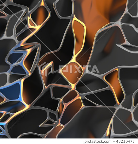 Abstract 3d rendering of chaotic black landscape structure with golden frame. Futuristic shape in 43230475