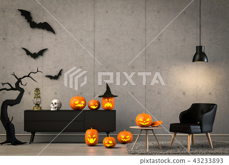 3D render Halloween party in room and pumpkins 43233893