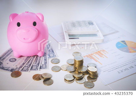 Piggy bank and money with business document, business finance in 43235370