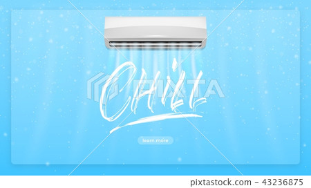 Air conditioner concept illustration. Chill lettering text and realistick conditioner with cold air Air conditioner concept illustration. Chill lettering text and realistick conditioner with cold air 43236875