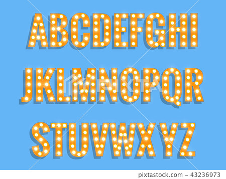 Retro font with light bulbs. Shiny letters. Vector letters 43236973