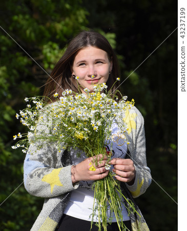 Young beautiful girl with a bouquet of chamomiles. A woman in a barley field 43237199