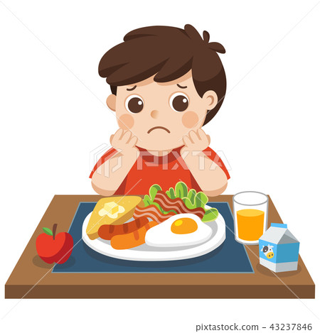 图库插图 little boy unhappy to eat breakfast.