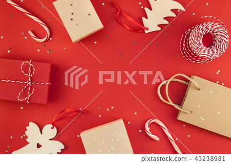 New Year or Christmas presents red background New Year or Christmas presents red background 43238981