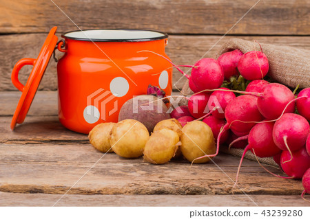 Enamelware saucepan and many vegetables. Enamelware saucepan and many vegetables. 43239280