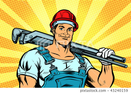 pop art plumber worker with adjustable wrench 43240159