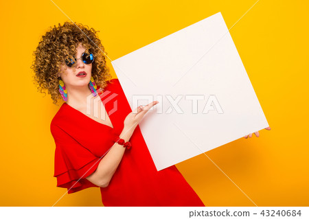 Attractive woman with short curly hair and banner Attractive woman with short curly hair and banner 43240684