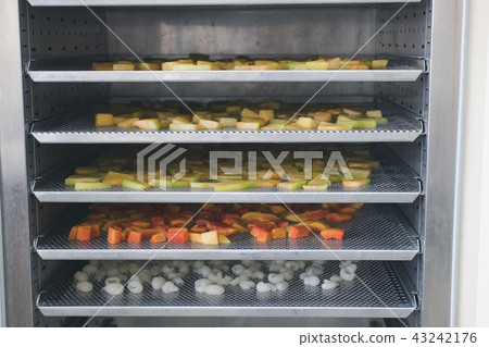 tropical fruit drying in hot oven. dried cantaloup, mango, carrot, longan on stainless tray 43242176