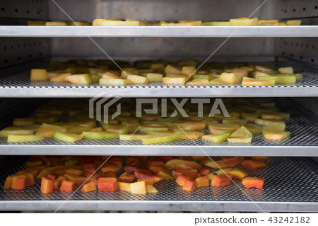 tropical fruit drying in hot oven. dried cantaloup, mango, carrot on stainless tray tropical fruit drying in hot oven. dried cantaloup, mango, carrot on stainless tray 43242182