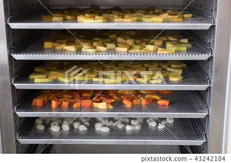 tropical fruit drying in hot oven. dried cantaloup, mango, carrot, longan on stainless tray 43242184