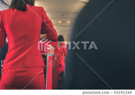 flight attendant serving food to passenger on aircraft. stewardess offer drink on board. hostess with trolley flight attendant serving food to passenger on aircraft. stewardess offer drink on board. hostess with trolley 43242199