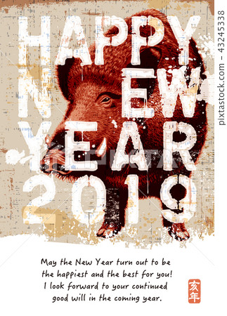2019 New Year's card "Painted wild boar" Happy New Year with English annotations 43245338