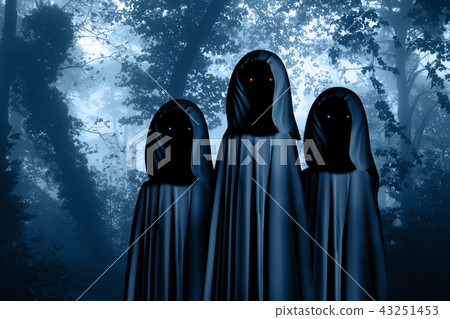 Three spooky monsters in hooded cloaks in forest Three spooky monsters in hooded cloaks in forest 43251453