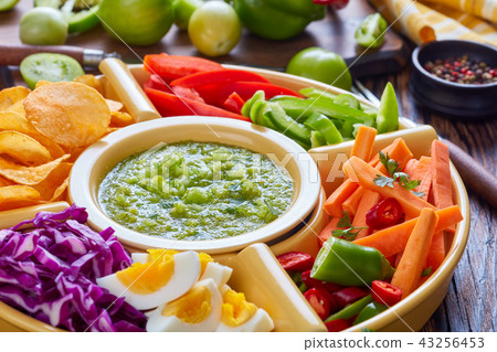 close-up of green salsa verde, top view 43256453