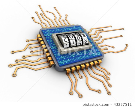 3d illustration of microchip with code lock dial 3d illustration of microchip with code lock dial 43257511
