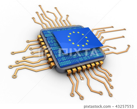 3d illustration of microchip with EU flag 3d illustration of microchip with EU flag 43257553