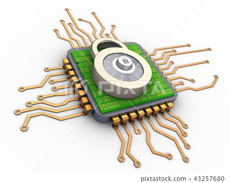 3d illustration of microchip with lock 3d illustration of microchip with lock 43257680