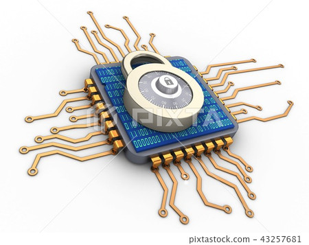 3d illustration of microchip with lock 3d illustration of microchip with lock 43257681