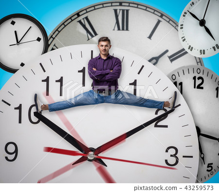 Man sitting on the twine between arrows of clock Man sitting on the twine between arrows of clock 43259573