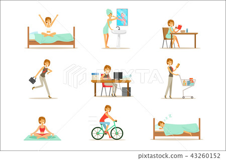 Modern Woman Daily Routine From Morning To Evening Series Of Cartoon Illustrations With Happy Modern Woman Daily Routine From Morning To Evening Series Of Cartoon Illustrations With Happy 43260152