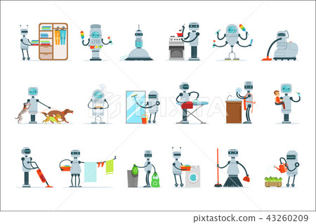Housekeeping Household Robot Doing Home Cleanup And Other Duties Set Of Futuristic Illustration With 43260209
