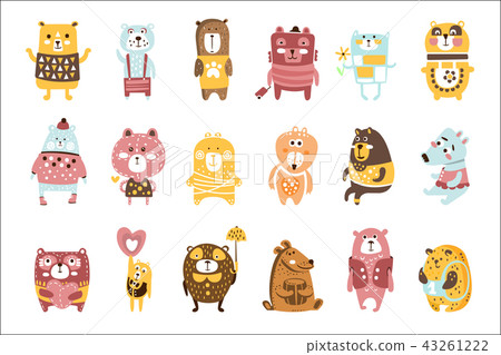 Cute Toy Bear Animals Set Of Childish Stylized Characters In Clothes In Creative Design Cute Toy Bear Animals Set Of Childish Stylized Characters In Clothes In Creative Design 43261222