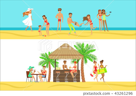Happy People On Tropical Beach Vacation In Hawaii Having Drink At Beach Bar And Staying Next To Sea Happy People On Tropical Beach Vacation In Hawaii Having Drink At Beach Bar And Staying Next To Sea 43261296