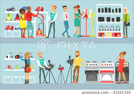 Happy People In Electronic Store Shopping For Domestic Equipment Choosing With Shop Assistant Help 43261395
