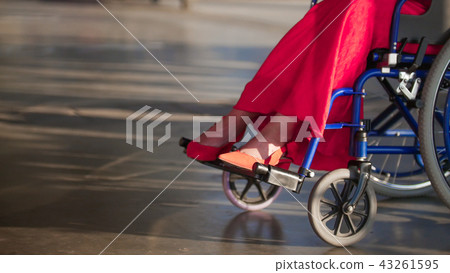 Girl in a wheelchair, in the frame of female legs in red shoes 43261595