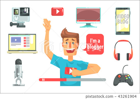 Guy Video Blogger And His Recording Equipment, Set Of Blog And On Line Blogging Icons Around A Show 43261904