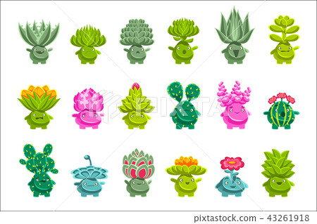 Alien Fantastic Plant Characters With Succulent Vegetation And Humanized Root With Friendly Faces Alien Fantastic Plant Characters With Succulent Vegetation And Humanized Root With Friendly Faces 43261918
