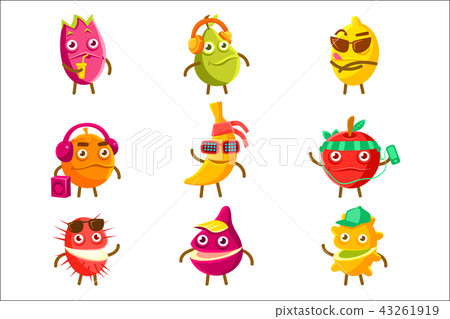 Tropical Fruit Cool Cartoon Characters On Vacation Set Of Colorful Stickers With Humanized Food Tropical Fruit Cool Cartoon Characters On Vacation Set Of Colorful Stickers With Humanized Food 43261919
