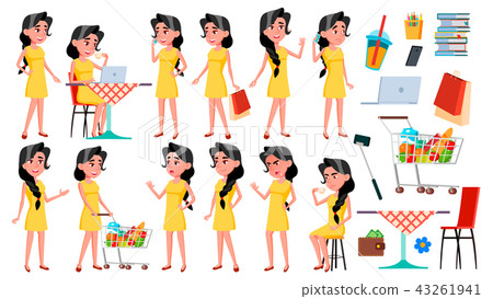 Teen Girl Poses Set Vector. Emotional, Pose. For Advertising, Placard, Print Design. Isolated Teen Girl Poses Set Vector. Emotional, Pose. For Advertising, Placard, Print Design. Isolated 43261941