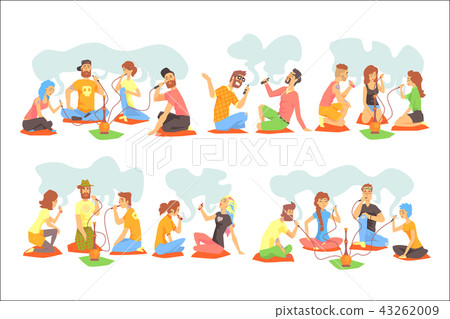 Young Hipsters Smoking Hookah And Electronic Cigarettes Sitting On The Floor Set Of Illustration Young Hipsters Smoking Hookah And Electronic Cigarettes Sitting On The Floor Set Of Illustration 43262009