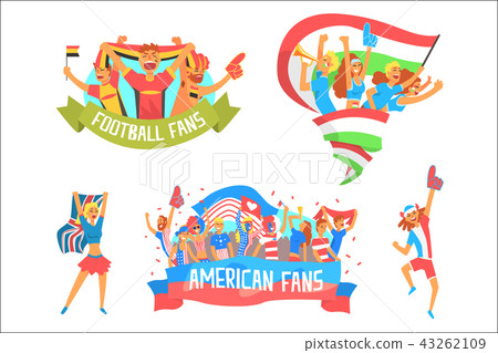 Cheering Happy Crowds Of National Sport Team Fans And Devotees With Banners And Attributes 43262109