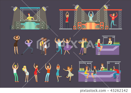 Young Smiling People Dancing In Night Club And Drinking In The Bar With DJ Playing Music Cartoon 43262142