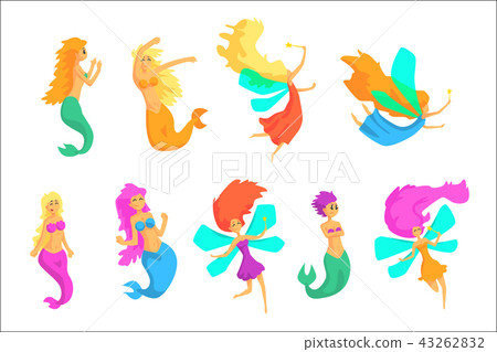 Mermaids And Fairies Fairy-Tale Fantastic Creatures With Wings Fish Tail Set Of Colorful Cartoon 43262832