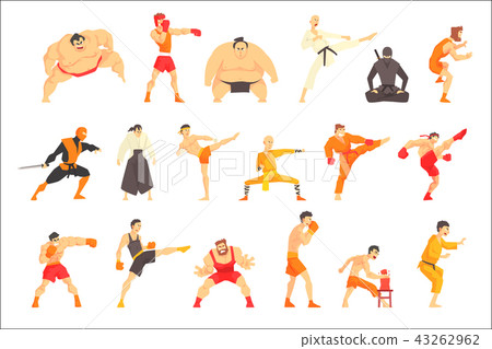 Martial Arts Fighters Demonstrating Different Technique Kicks Set Of Asian Fighting Sports 43262962