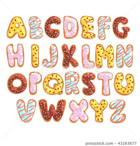 Sweet cookie English alphabet, edible bakery letters in the shape of glazed cookies vector Sweet cookie English alphabet, edible bakery letters in the shape of glazed cookies vector 43263677