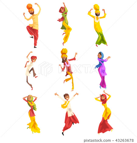 Indian man and woman in traditional clothes dancing folk dance set vector Illustrations on a white Indian man and woman in traditional clothes dancing folk dance set vector Illustrations on a white 43263678