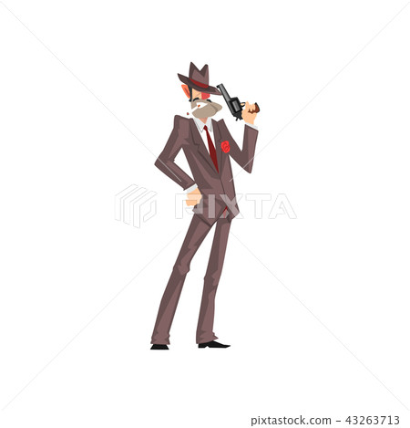 Gangster criminal character in a suit and fedora hat with gun vector Illustration on a white 43263713
