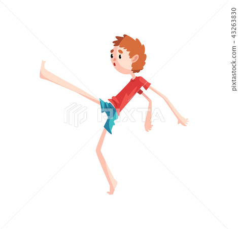 Boy standing on one leg practicing capoeira movement, kid character doing element of martial art 43263830