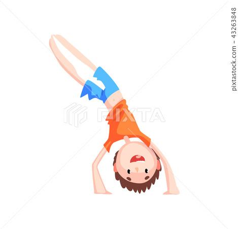 Boy standing on his hands practicing capoeira movement, kid character doing combat element of Boy standing on his hands practicing capoeira movement, kid character doing combat element of 43263848