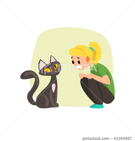 Girl frightened by cat, girl suffering from ailurophobia, human fear concept vector Illustration on 43264987