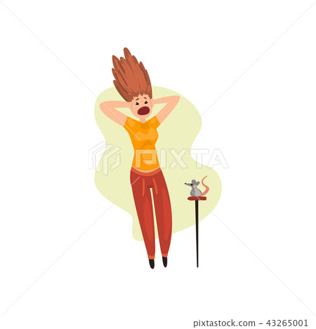 Girl frightened by mouse, woman suffering from musophobia, human fear concept vector Illustration on Girl frightened by mouse, woman suffering from musophobia, human fear concept vector Illustration on 43265001