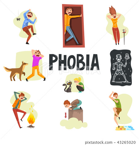 People suffering from various phobias set, arachnophobia, claustrophobia, musophobia, cynophobia 43265020