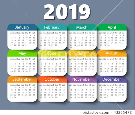 Calendar 2019 year vector design template. Week starting on Sunday Calendar 2019 year vector design template. Week starting on Sunday 43265478