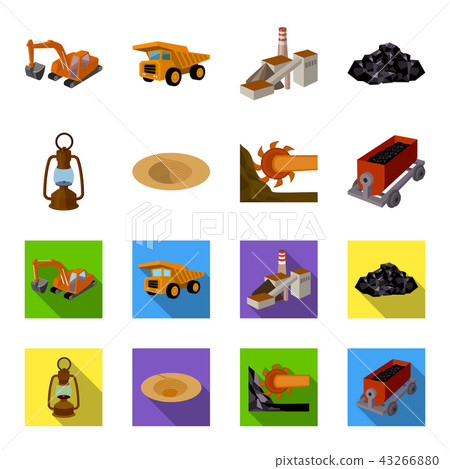 A miner lamp, a funnel, a mining combine, a trolley with ore.Mining industry set collection icons in A miner lamp, a funnel, a mining combine, a trolley with ore.Mining industry set collection icons in 43266880