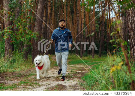 Sportsman holding dog lead while running with husky 43270594