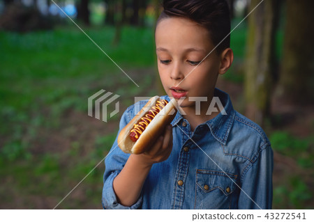 a young boy takes a bite of a hot dog a young boy takes a bite of a hot dog 43272541